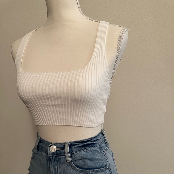 White Ribbed Crop Top with Cross Back and Tie Size Small - Picture 4 of 5